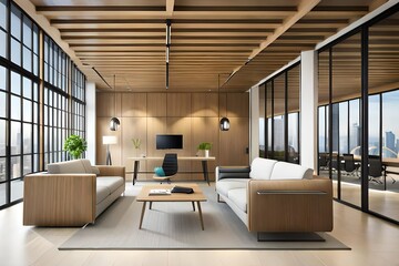 Modern open plan office interior with lobby. Window, ceiling, wooden wall, cubicle office, computer monitors, office desk, coffee table, sofa, corridor, pillows