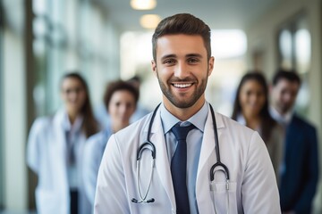 Young male doctor stands with in hospital. Future of medicine.