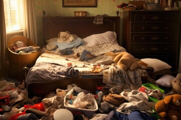 Unmade bed, clothes, toys, full hamper in messy bedroom. Concept of disarray and clutter.