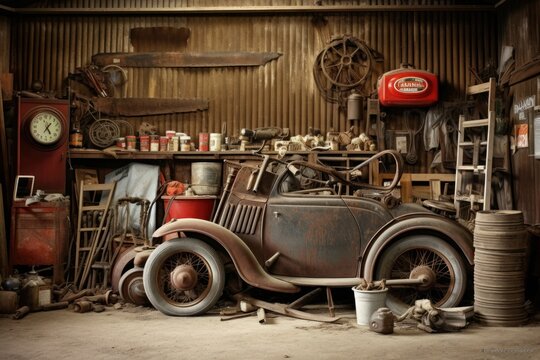Abandoned garage, dusty car. Neglected vehicle, vintage tools, urban decay.