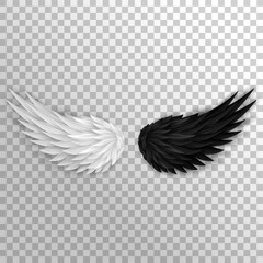 Two realistic half wings isolated on transparent background. 3D white angel wings and dark devil, daemon wings. Heaven and hell, good and evil concept. Festival, masquerade, carnival costume. 