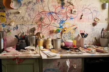 Dirty dishes, leftovers, kids' drawings - cluttered kitchen scene.