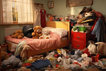 Bedroom with scattered clothes, toys, full hamper. Concept of untidiness and disorganization.