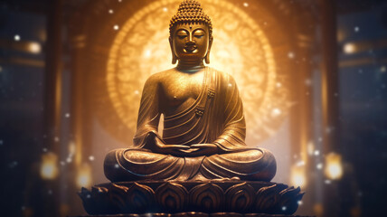 Enlightenment's Glow - Radiant Light Emanating from Buddha Statue Symbolizing Spiritual Illumination, AI-Generated 8K Image.  - obrazy, fototapety, plakaty