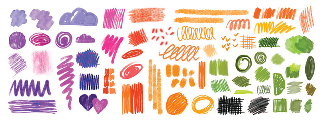 Crayon doodle scribble set, vector brush stroke chalk lines marks kit, color pencil texture mess. Children hand drawn sketch kit kid marker scratch grunge graphic decor. Pen doodle scribble collection - obrazy, fototapety, plakaty