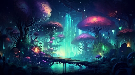Obraz na płótnie Canvas beautiful forest fantasy world with glowing insects trees
