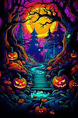 Halloween night background with pumpkins and scary trees. Digital illustration. Selective focus.  