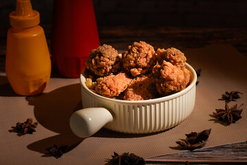 fried chicken with ketchup and mustard in a yellow terracotta bow with star anise on an old wooden table