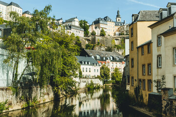 old town in luxembourg on summer day with bridge and beautiful houses - obrazy, fototapety, plakaty