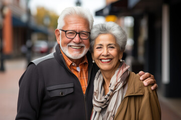 portrait of happy senior couple hugging outdoors. Generative Ai