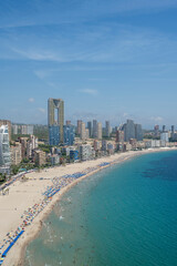 Benidorm, Spain - August 19, 2023: Panoramic view of the Poniente beach in the city of Benidorm,...