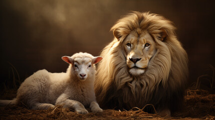 a lion and a sheep were sitting together