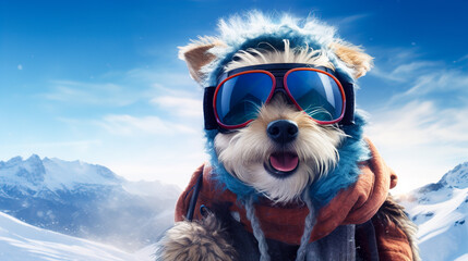 Cute dog in ski goggles and a scarf on the background of snowy mountains with copy space
