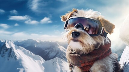 Cute dog in ski goggles and a scarf on the background of snowy mountains with copy space