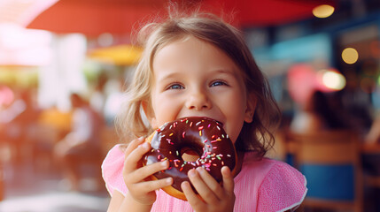 Cute girl eating a delicious donut with chocolate glaze in a cafe outside - obrazy, fototapety, plakaty