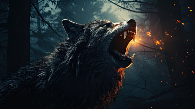 a wolf howls in a dark forest
