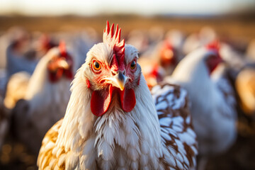 Idyllic close-up view of free-range chickens at organic, animal-friendly farm - promoting nature care.