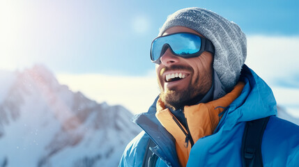 Positive man in and ski goggles is resting in a ski resort - obrazy, fototapety, plakaty