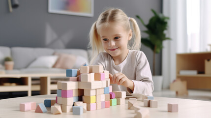 Cute little girl playing with wooden blocks in the children's room