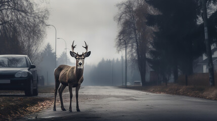 Deer crosses the road in front of a car