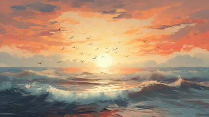 beautiful ocean waves seaside sunrise and birds  - obrazy, fototapety, plakaty