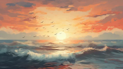 Tuinposter beautiful ocean waves seaside sunrise and birds  © Mrsabata