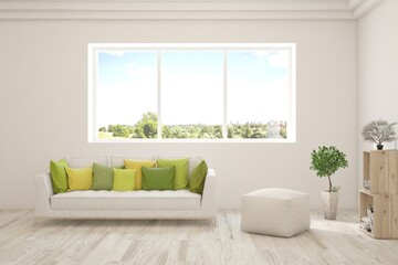 Naklejka premium Bright interior design with modern furniture and summer landscape in window. 3D illustration