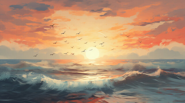 beautiful ocean waves seaside sunrise and birds 