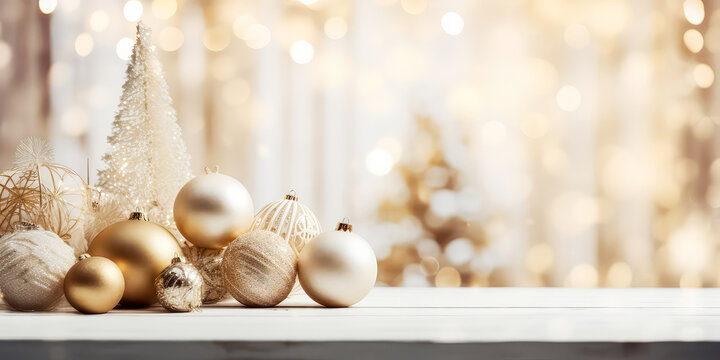 Luxury Christmas showcase with balls or bauble with confetti, decoration, lights, bokeh. Christmas and New year card. Promotional, sales. Holidays background with copy space. Generative ai.