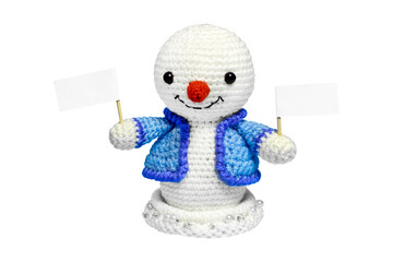 snowman, cheerful snowman with blank poster, space for text or advertising, isolated