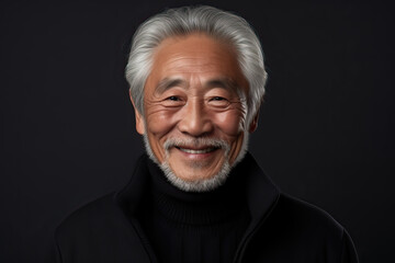 portrait of older handsome asian man with grey beard on black background, ai generated