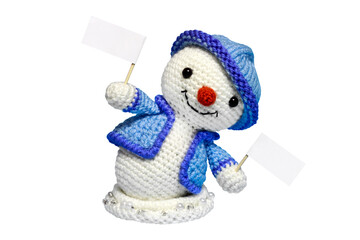 snowman, cheerful snowman with blank poster, space for text or advertising, isolated