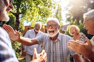 cheerful Senior People celebrating retirement. laughing and smiling happy mature group of people outdoors