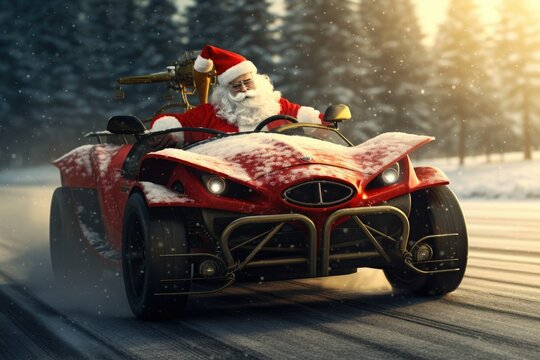 Santa Claus driving a snowmobile on a winter road.