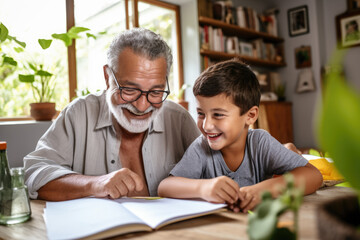 Grandson Doing School Homework with Old Man Home. Family Relationship Between Grandfather and Grandson. Grandpa Teaching, Male Grandchild, Learning Concept. Relations and People Concept