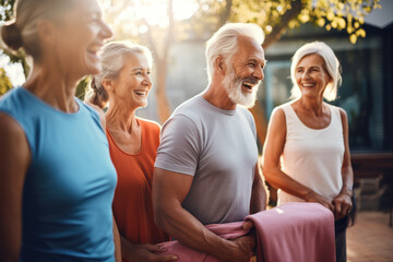 group of mature joyful people after yoga and physical activities outdoors