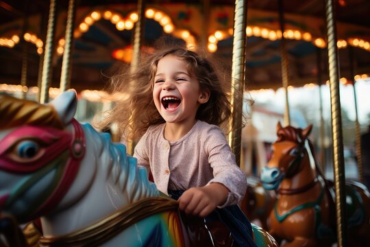happy girl on carousel having fun
