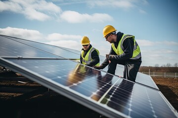 Engineers installing photovoltaic solar panels