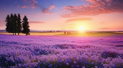 Beautiful panorama rural landscape with sunrise and blossoming meadow. purple flowers flowering on...