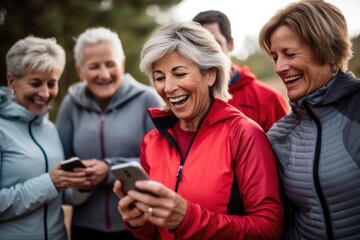 Fototapeta premium group of mature joyful people in sports suits tracking their results on a smartphone after jogging