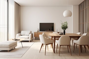 Fototapeta na wymiar Modern interior design of apartment, dining room with table and chairs, empty living room with beige wall