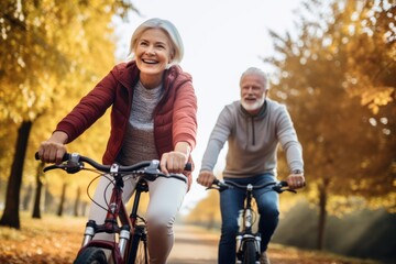 Happy active senior couple with bicycle in public park together having fun. Activities and healthy lifestyle for elderly people. Cheerful mature couple riding bicycles in park - Powered by Adobe