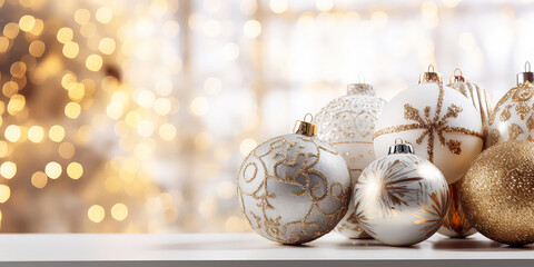 Luxury Christmas showcase with balls or bauble with confetti, decoration, lights, bokeh. Christmas and New year card. Promotional, sales. Holidays background with copy space. Generative ai.