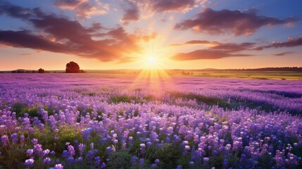 Beautiful panorama rural landscape with sunrise and blossoming meadow. purple flowers flowering on spring field,