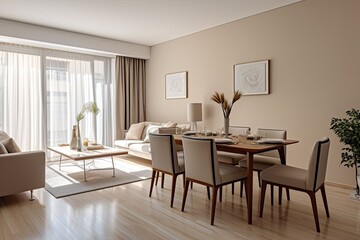 Modern interior design of apartment, dining room with table and chairs, empty living room with beige wall