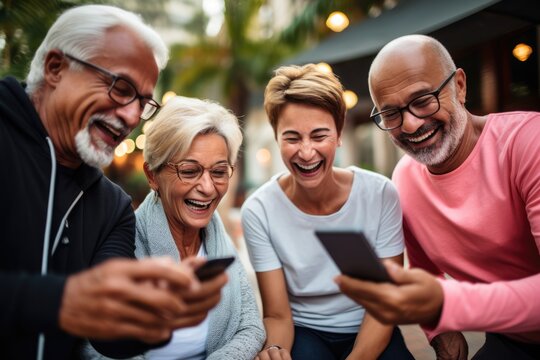 group of mature people with phones. sharing moment together and bonding experience concept