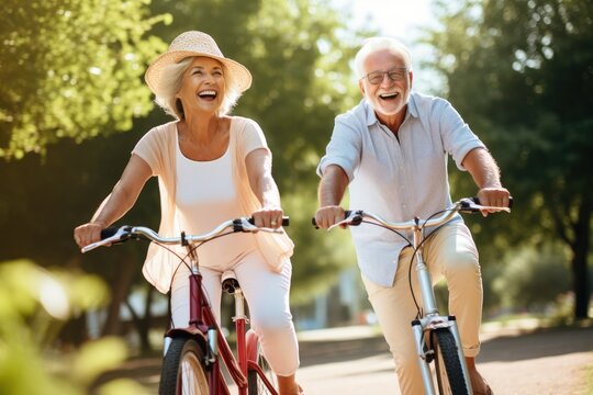 Happy active senior couple with bicycle in public park together having fun. Activities and healthy lifestyle for elderly people. Cheerful mature couple riding bicycles in park