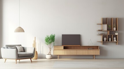 Photo 3d rendering modern little living room have cabinet and wood shelves on wood flooring with furnitures on white wall. living room concept and variatif angles.