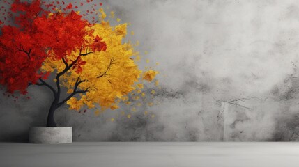 Beautiful Red And Yellow 3d Tree With grunge Texture Background 3d Illustartion Wallpaper Design
