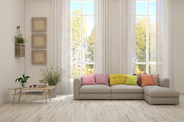 White scandinavian interior design with sofa. 3D illustration